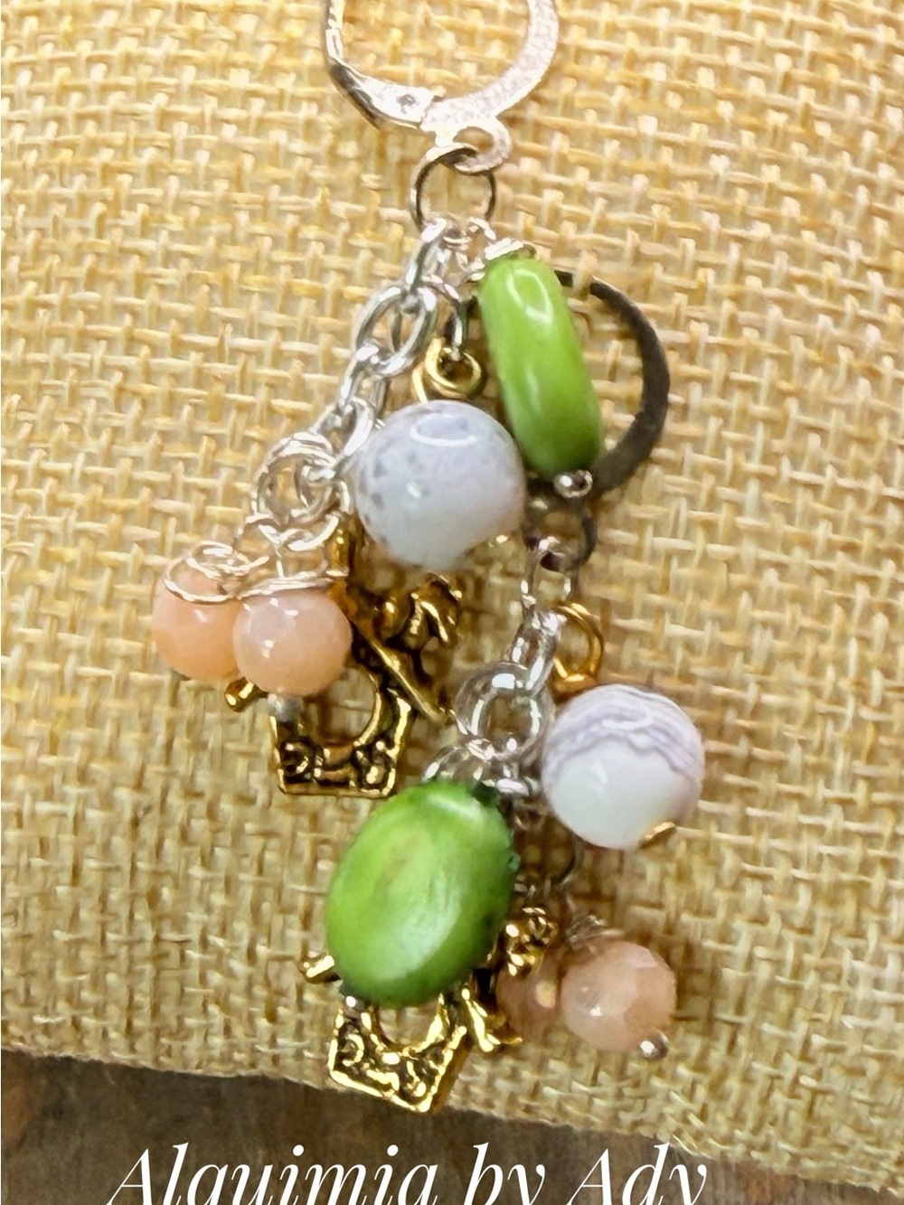 White agate  Green, Peach & Cream Beaded Dangle Earrings